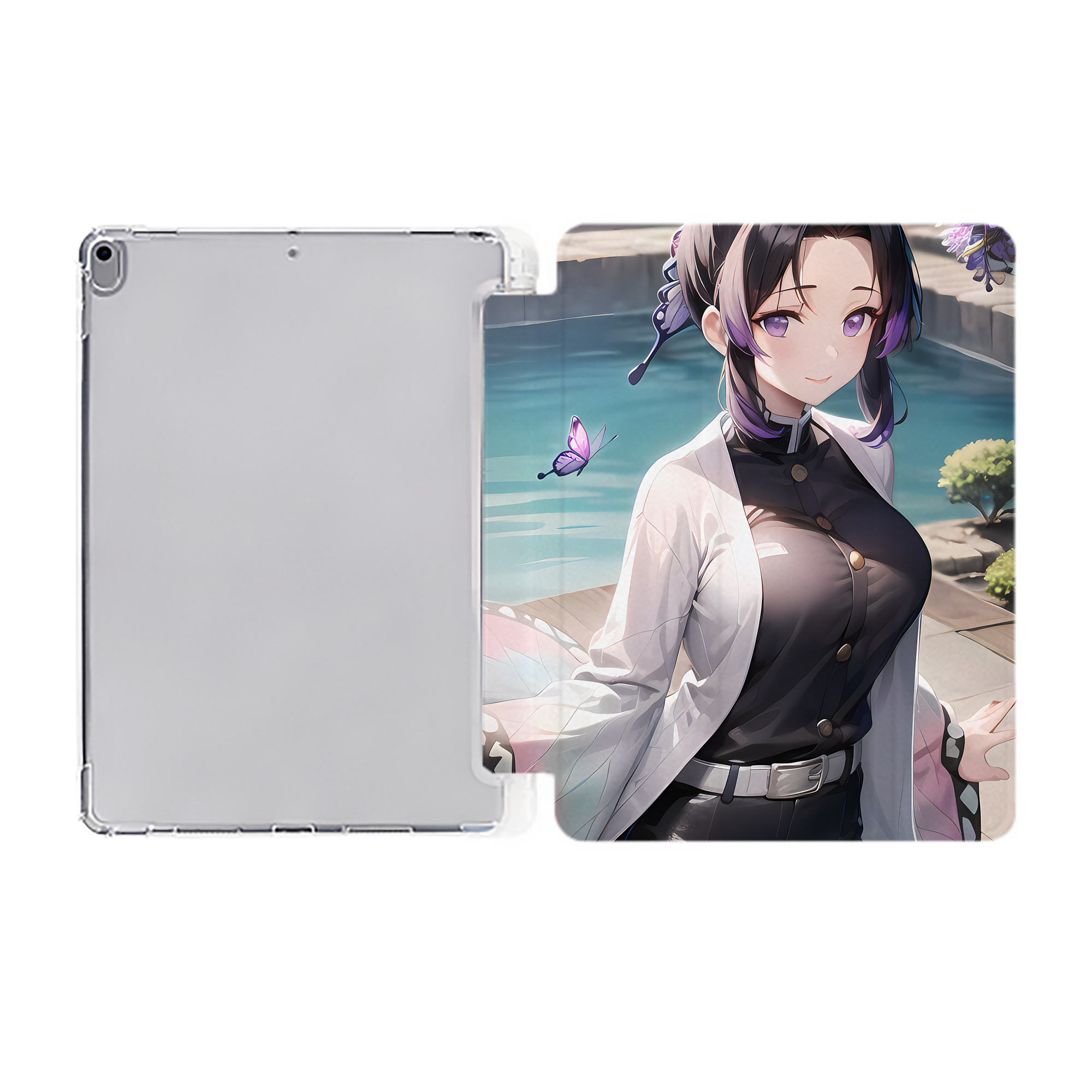 （画像用） 鬼滅の刃（きめつのやいば）蟲柱-胡蝶 しのぶ／こちょう しのぶ Kochou Shinobu IPad ケース ペン収納付き 三つ折りスタンド PUレザー×シリコン 対応機種9.5/10.5/10.9インチ